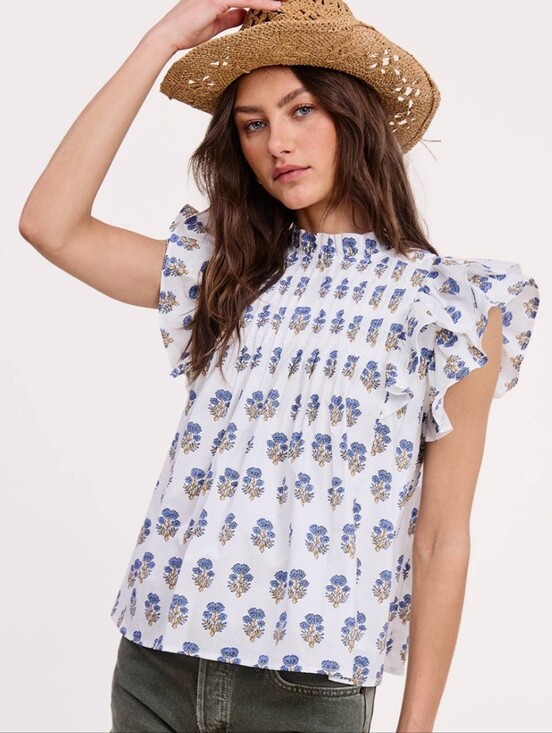Tops - Floral Cluster Blouse Block Print Blue White Flutter Sleeves